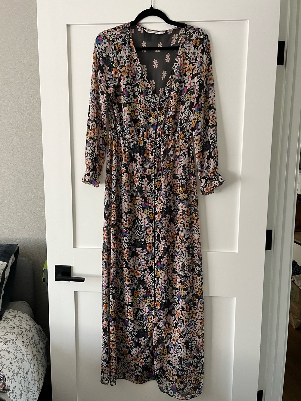 Zara Black Floral Maxi Dress with Pink and Yellow Blooms